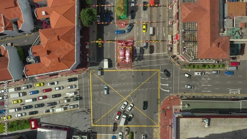 sunny day singapore city famous china town traffic street crossroad aerial topdown panorama 4k