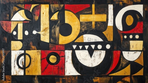Abstract Geometric Composition in Gold, Red, and Black