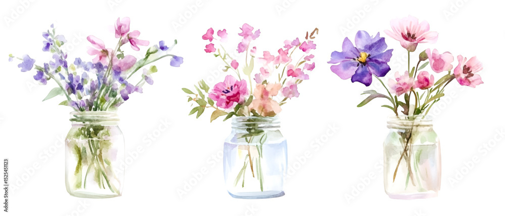 Obraz premium Collection of Watercolor Floral Arrangements in Mason Jars Springtime Bouquet Collection