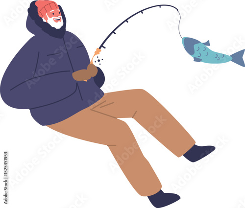 Fisherman enjoying ice fishing vector illustration