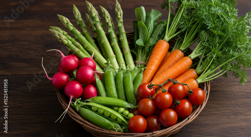 A basket filled with fresh vegetables including asparagus carrots tomatoes and radishes on a wooden surface