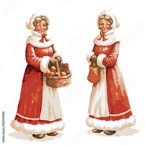 Two Mrs Claus Figures in Red Coats with Basket and Bag