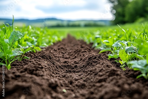 Sprouting vegetable field with clean furrow high resolution picture