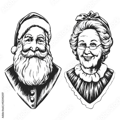 Santa Claus and Mrs Claus Portrait Illustration in Black and White