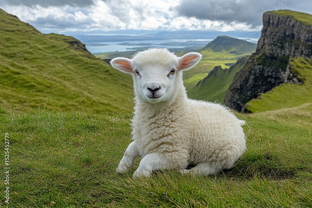Fototapeta premium Closeup of an adorable white lamb in green pasture overlooking a scenic landscape, Close up of a white lamb looking forward on the green grass of the hillside