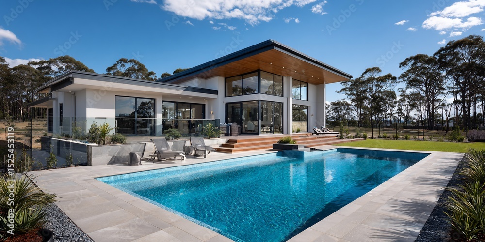 Fototapeta premium Modern Home Exterior with Sparkling Pool and Lush Landscaping