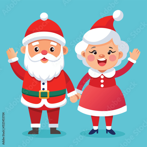 Cartoon Santa Claus and Mrs Claus holding hands waving hello on blue background