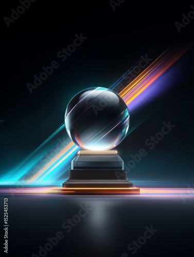 Glass ball design shines with light streaks on a pedestal against a dark background for abstract wallpaper