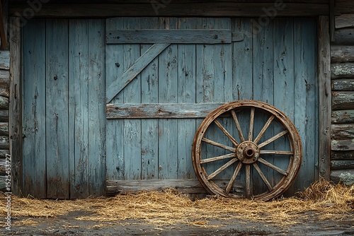 Sunlit hay beside vintage wooden wheel high resolution picture