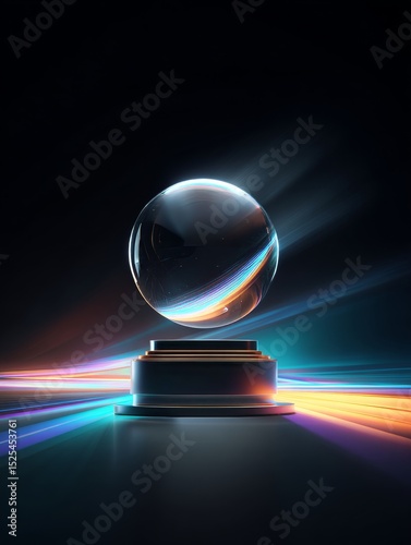 Glass sphere futuristic artwork features vibrant colors and smooth reflections with a dark background in a digital illustration