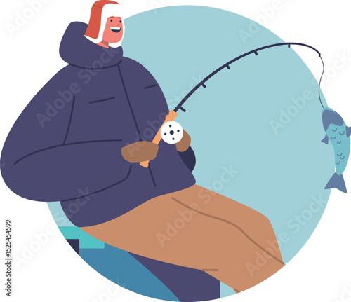 Happy winter fisherman catching fish