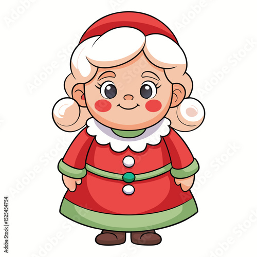 Cute Cartoon Mrs Claus Character in Red and Green Outfit Isolated