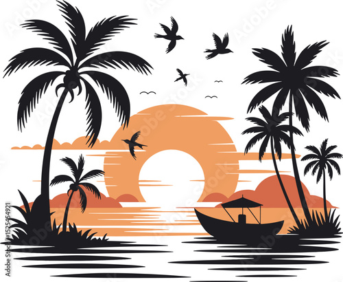 Silhouette Tropical Sunset Palm Trees, Ocean, and Boat