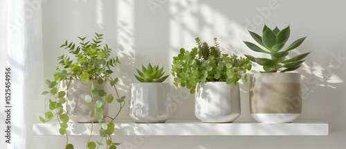 Succulent plants in ceramic pots on white shelf with natural light Trendy decor concept for wellness and interior blogs.
