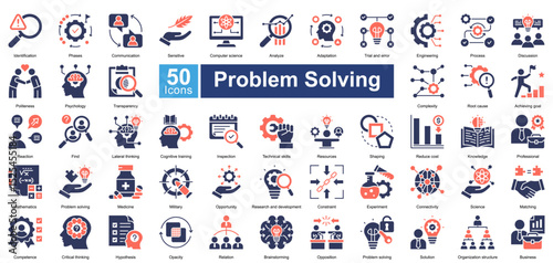 Problem Solving icon set contains 50 icons including, process, discussion, politeness, psychology, transparency, complexity, root cause, achieving goal, reaction, simple vector mixed style