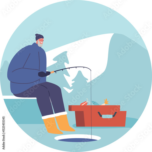 Senior winter fisherman catching fish