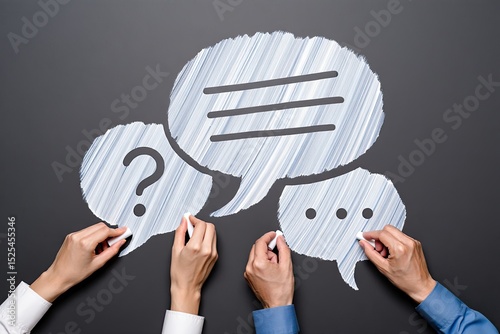 Hands Drawing Chalk Speech Bubbles with Question and Answer on Dark Surface