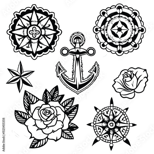 Nautical tattoo flash sheet with anchor rose compass and star elements