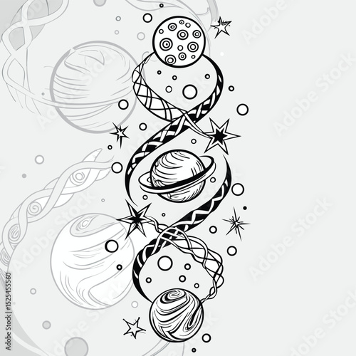 Stylized planets and stars in a cosmic design with swirling elements