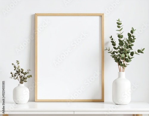 Minimalist frame mockup with eucalyptus branches in white vases on a white table