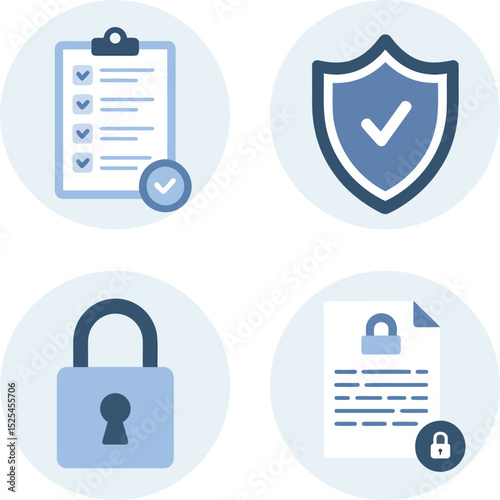 Cyber protection tools. Checklist clipboard, badge shield, locked account access, approved official documents set  