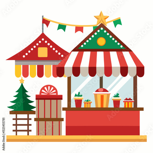 Simple Christmas Market Stalls Vector on White Background
