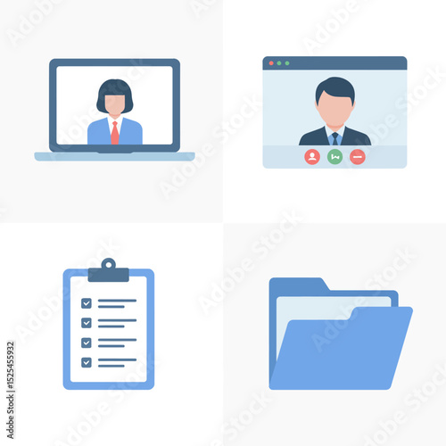 Digital workspace icons. Laptop presentation, business agent, record folder, scheduled report icon collection  