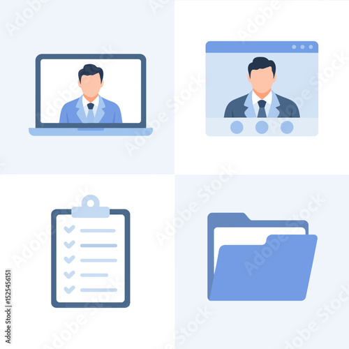 Management scheduling icons. Calendar planning, briefcase duty, business agenda, project partnership activities  