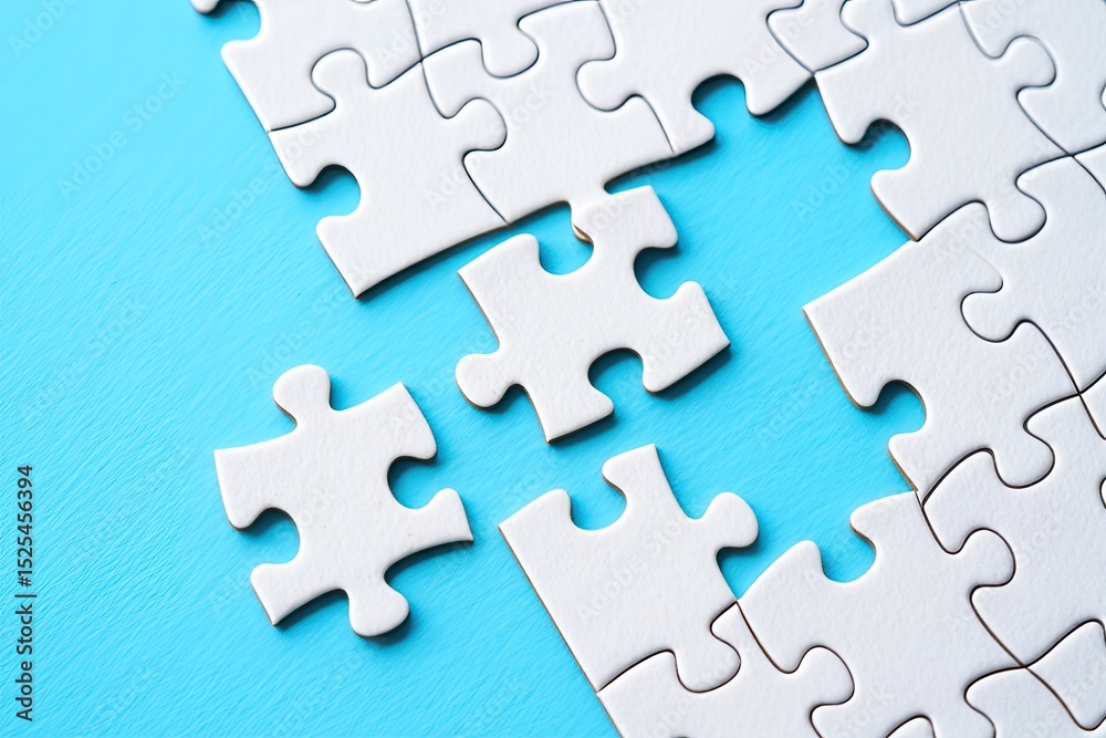 Fototapeta premium Unfinished White Jigsaw Puzzle Isolated on Blue Background, Connection Theme Concept