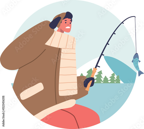 Fisherman with rod catching fish