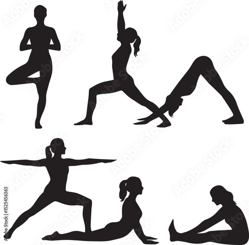 Black vector silhouettes of people in various yoga and dance poses illustrate fitness and sport training
