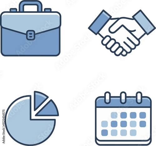 Smart planning tools. Financial pie chart, calendar event tracker, business briefcase, handshake commitment icons  
