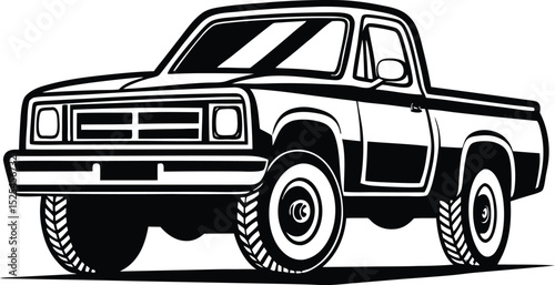 Pickup truck silhouette, vehicle icon vector, black transport symbol, minimal automotive design, utility car graphic