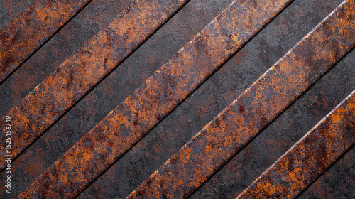 Close-up of rusty, textured diagonal metal strips with a weathered, industrial appearance.