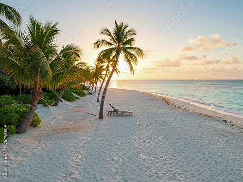 A beautiful tropical beach with white sand and tall palm trees, where comfortable hammocks are hanging for relaxation. In the distance, the sea stretches out beneath a sky painted in soft sunset hues.