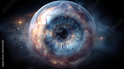 A detailed, cosmic-inspired eye surrounded by ethereal clouds and glowing light, creating a surreal and mystical atmosphere.