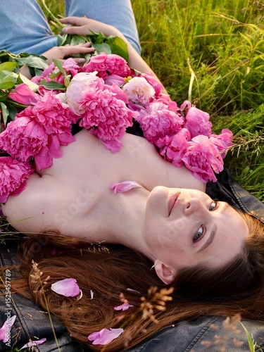 Happy smiling young woman in summer outdoors in a field with pink peony flowers enjoying life in a moment at sunset