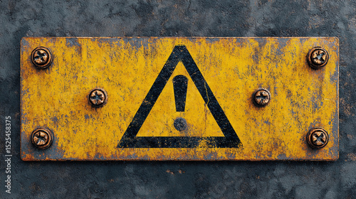 A weathered yellow warning sign with an exclamation mark is attached to a metal surface with six bolts.