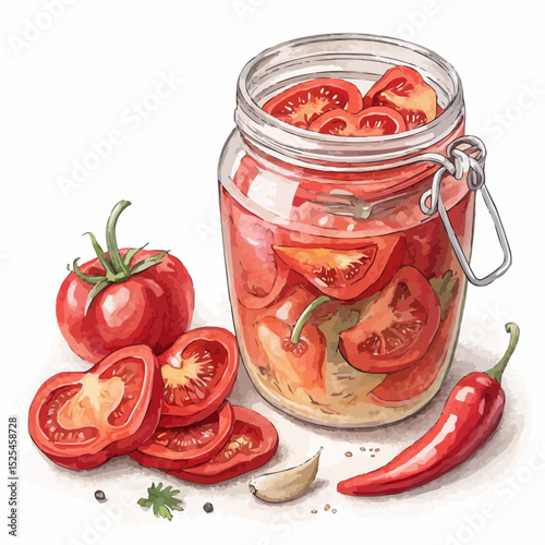 Traditional illustration of tomato preserves in red and green colors used for cooking.