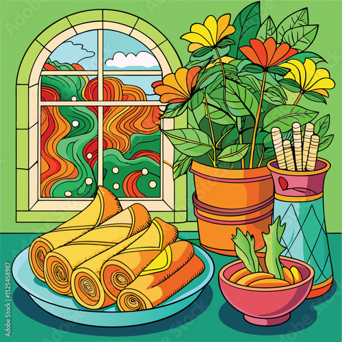 Colorful Still Life with Crepes Flowers and a Window View
