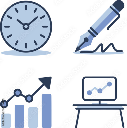 Time-based goal icons. Clock alert, productivity pen, target achievement, desk presentation statistics icon set