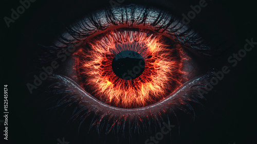 A striking close-up of a human eye with a fiery, glowing iris and intense detail in the pupil and eyelashes.