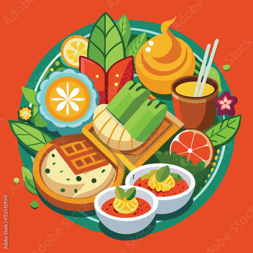 Colorful Asian Food Still Life with Spring Rolls and Flowers