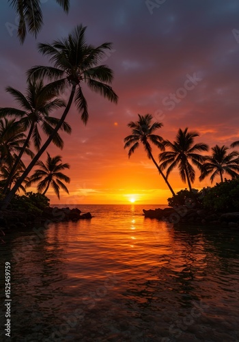 Orange And Red Sunset Silhouette Palm Trees Tropical Beach