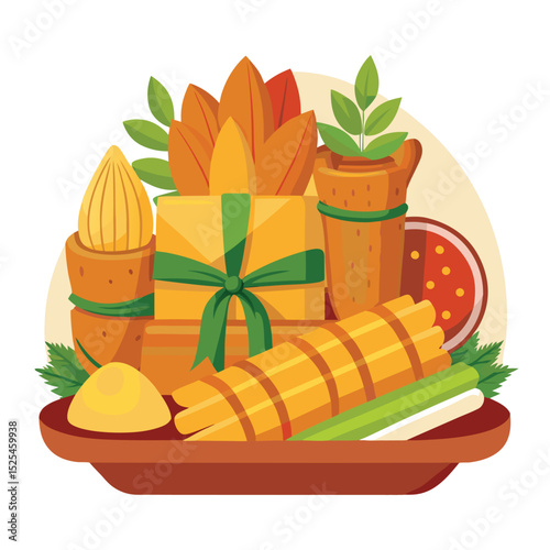 Autumn Harvest Still Life with Vegetables and Fall Foliage Illustration