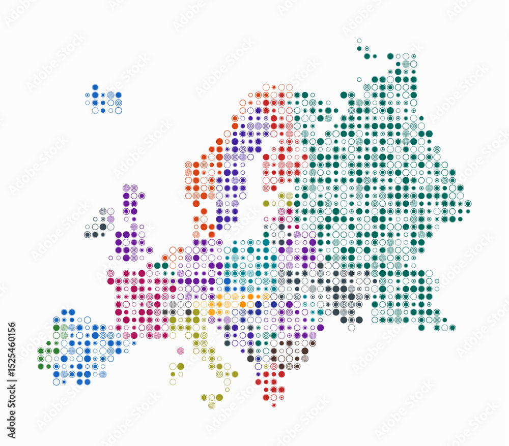 Fototapeta premium Europe, shape of the continent built of colored cells. Digital style map of Europe on a white background. Small size circle blocks. Simple vector illustration.