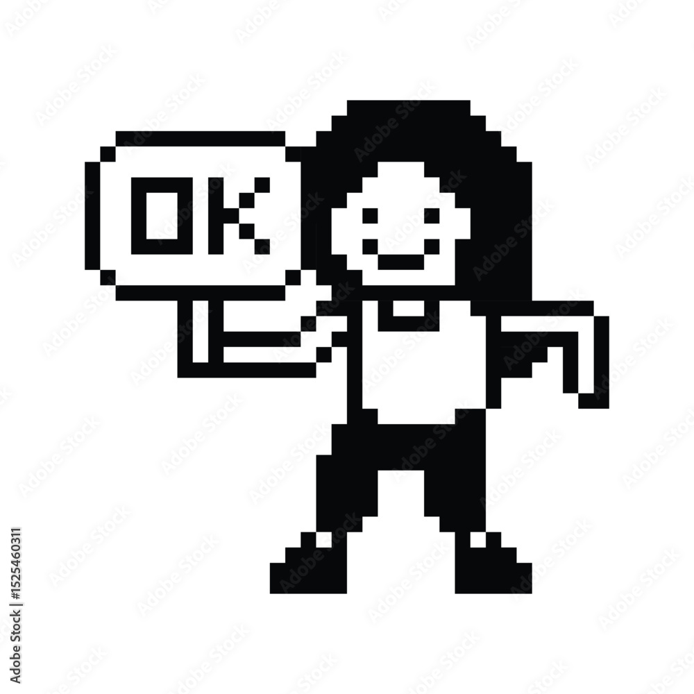Fototapeta premium Cute pixel cartoon character woman girl chat feedback Ok accept okay decoration 8 bit female lady woman good accept OK okay pixel game png vector.