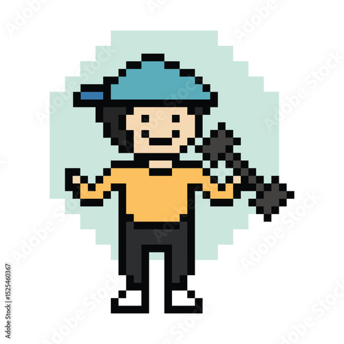 Cute pixel cartoon 8bit character man weight training b dumbbell lifestyle lifting gym decoration life style 8 bit male boy weight fitness isolated game 8bit PNG vector.