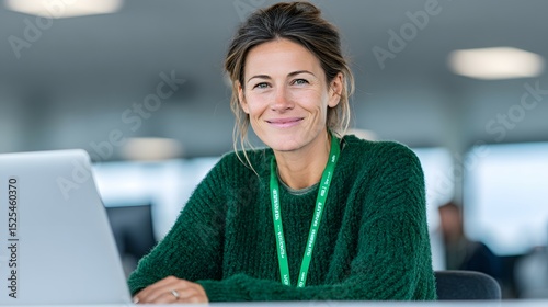 Woman smiles at desk with laptop in office setting.
