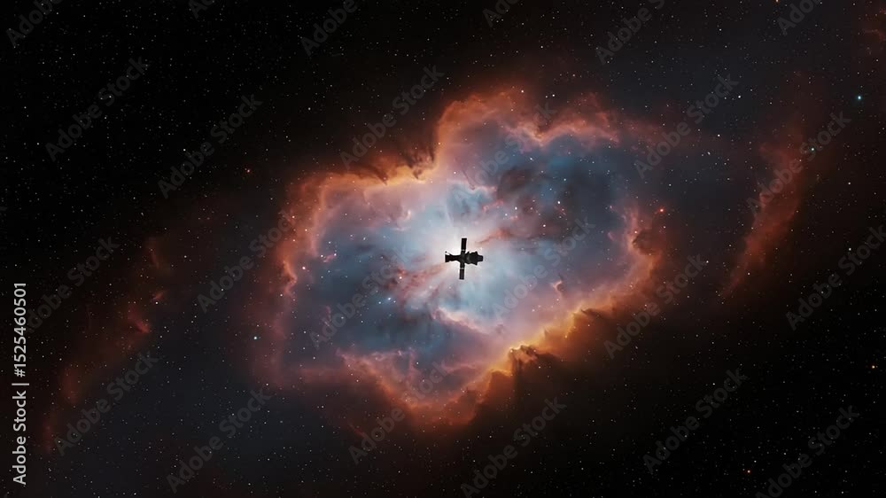 A spaceship in the middle of the Helix Nebula in deep space cinematic scenery